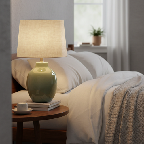 Ceramic sage green bedside lamp with cream linen shade in a cozy bedroom