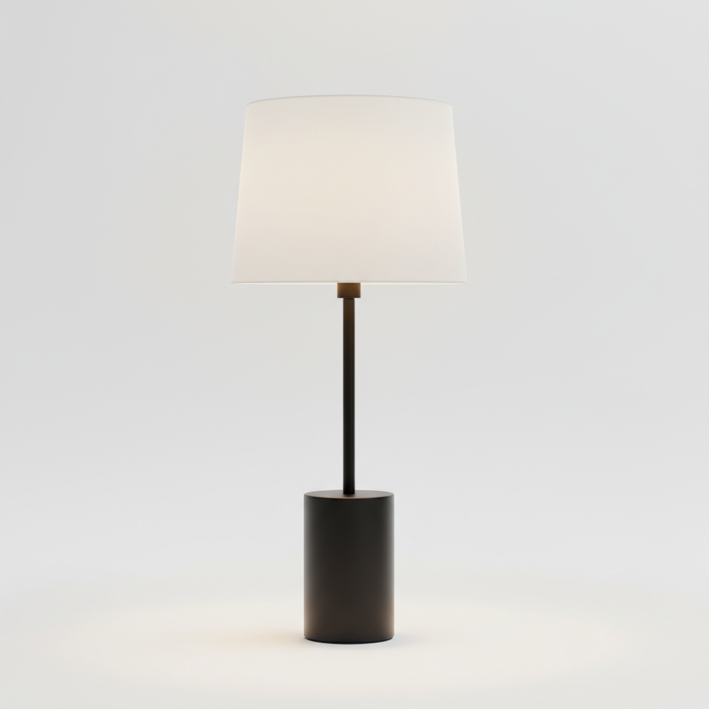 Modern minimalist table lamp with matte black base and white drum shade